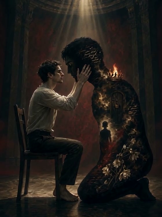 Seated man gently holds the face of a kneeling surreal shadow humanoid figure lit by overhead gol...