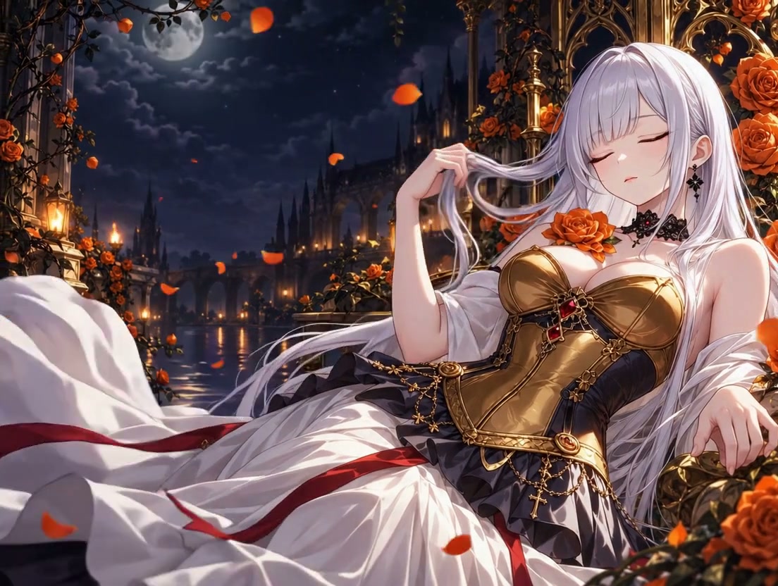 Ethereal silver-haired anime noblewoman resting on a moonlit gothic castle balcony surrounded by ...