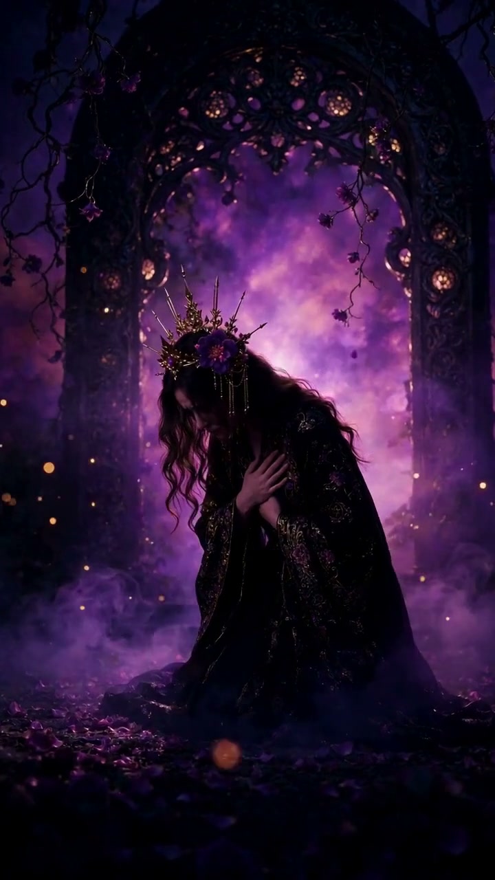 Crowned dark fantasy queen kneels bowed before an ornate gothic arch wreathed in glowing purple mist