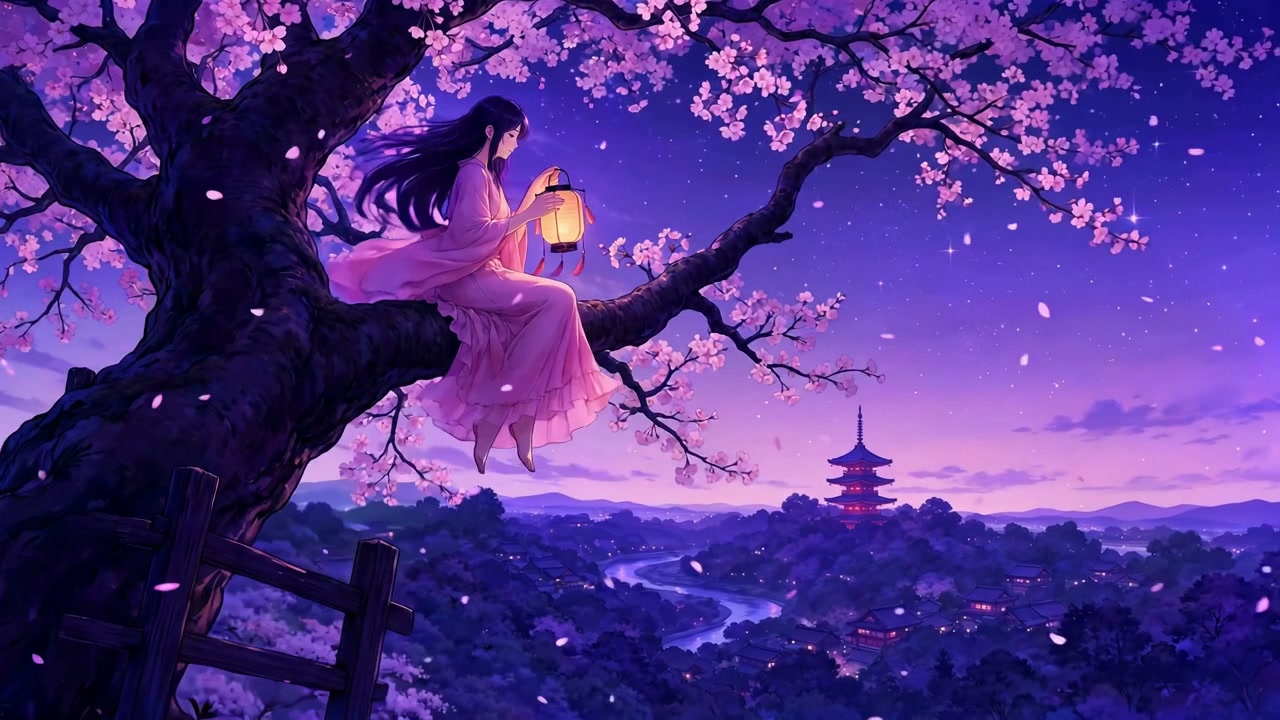 Anime girl holding a glowing paper lantern sits on a cherry blossom branch at purple twilight
