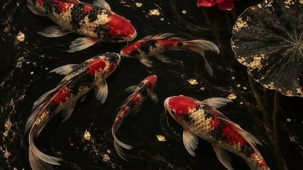 Five long-finned red, black, and white koi circle together in a dark lily pond