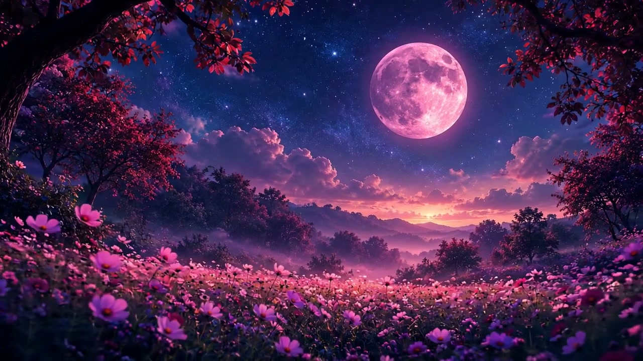 Glowing pink full moon hangs above a misty wildflower meadow under a starry twilight sky