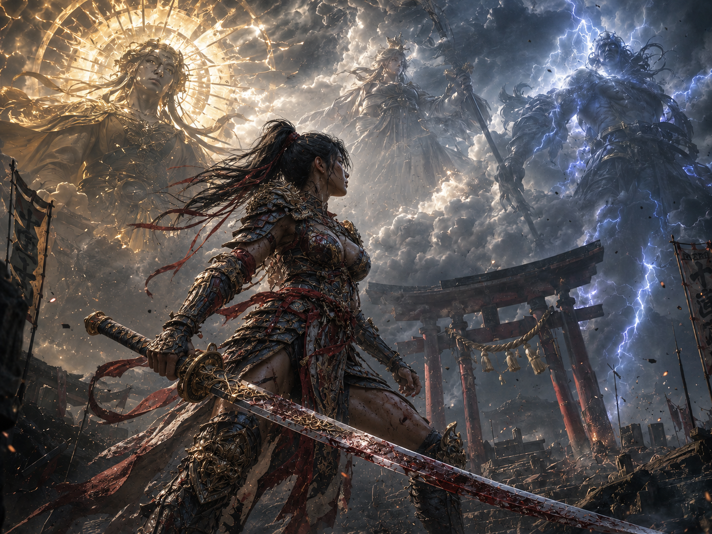 Armored female warrior with bloodied sword in a dramatic, stormy fantasy battle beneath colossal sky gods.