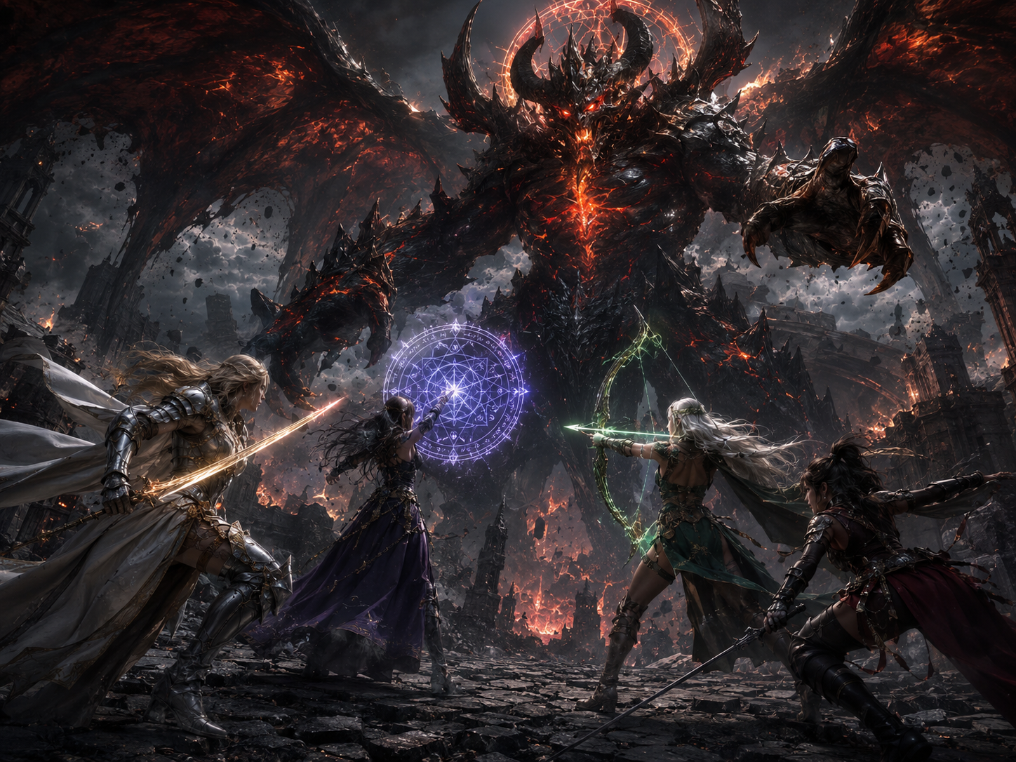 Epic fantasy battle with four armored warriors facing a towering lava demon and glowing magic circles.
