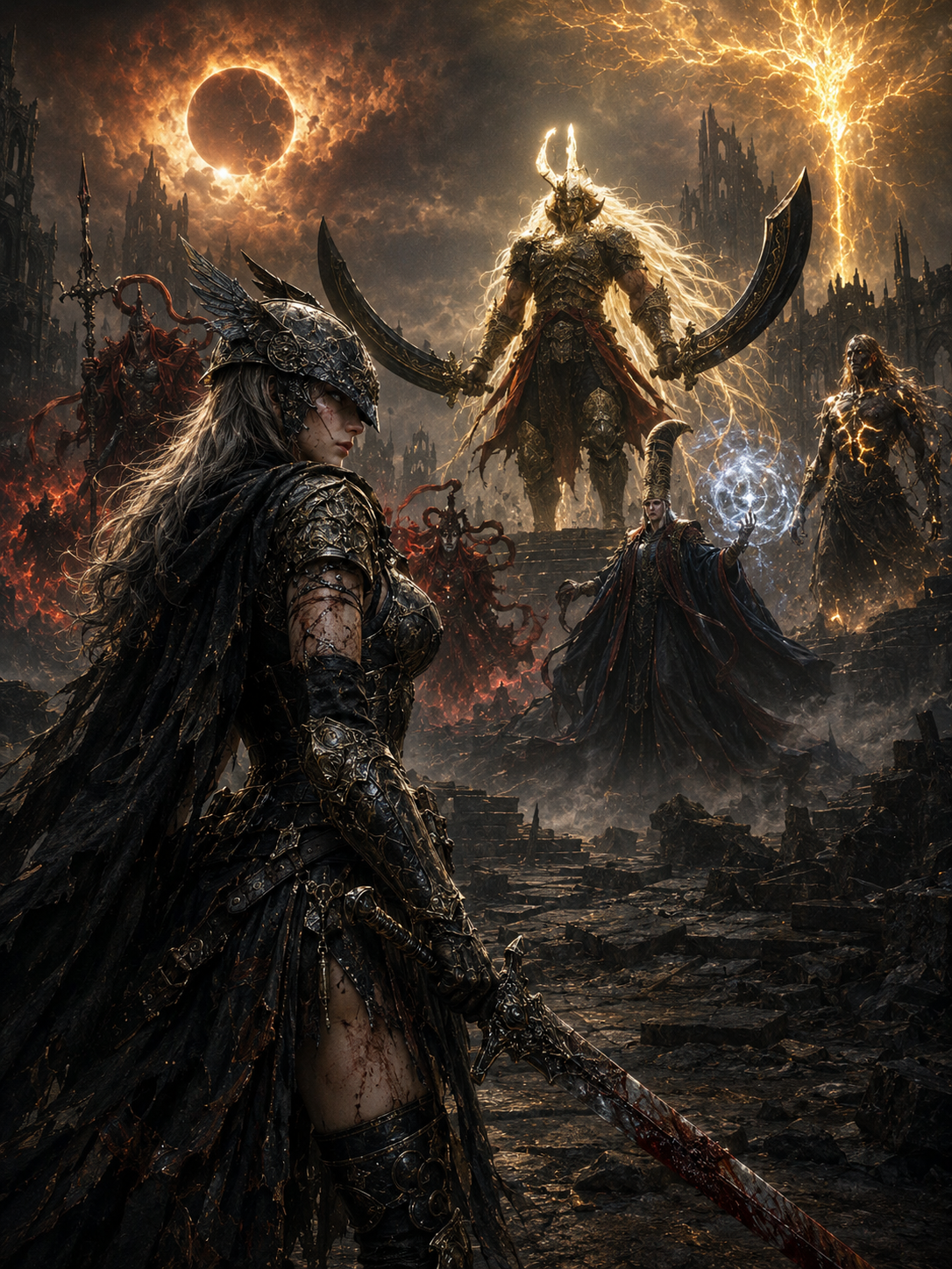 Dark fantasy warrior in ornate armor faces a colossal horned demon in a fiery apocalyptic landscape