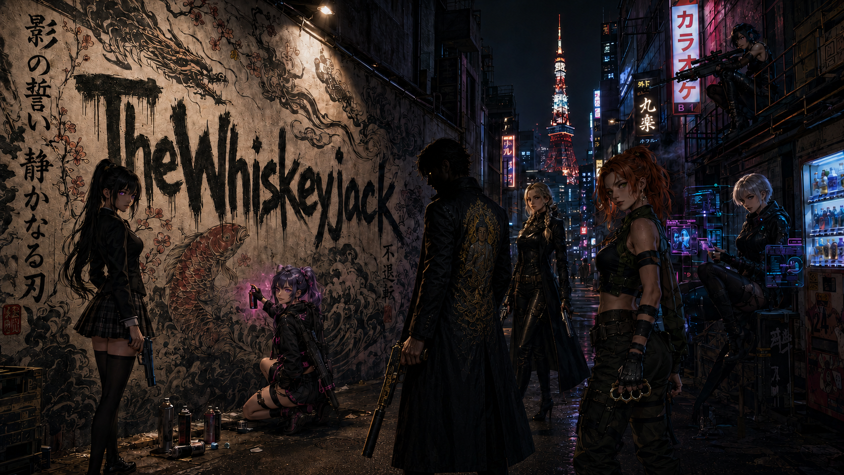 Dark neon-lit alley with a large mural saying "The Whiskeyjack" and futuristic characters armed with weapons.
