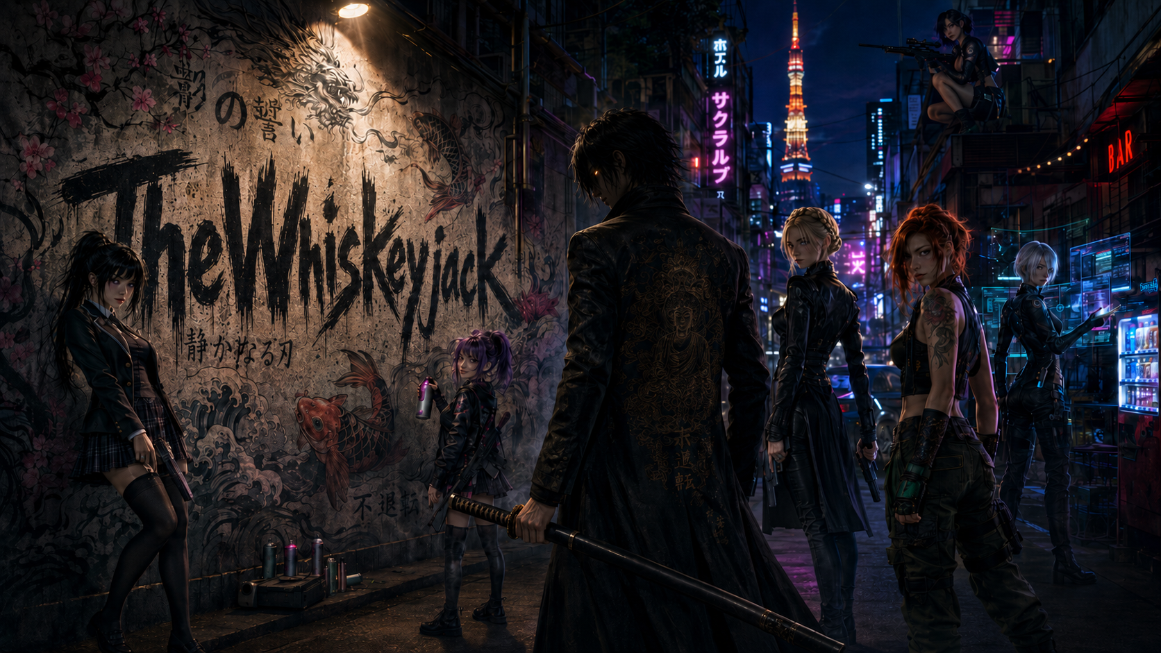 Neo-noir street scene with a group of cyberpunk rebels in a neon-lit alley beside a graffiti wall reading "The Whiskeyjack."