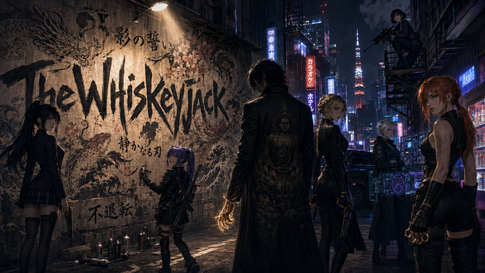Group of dark-clothed characters in a neon-lit city alley with graffiti art "The Whiskeyjack" on a wall.