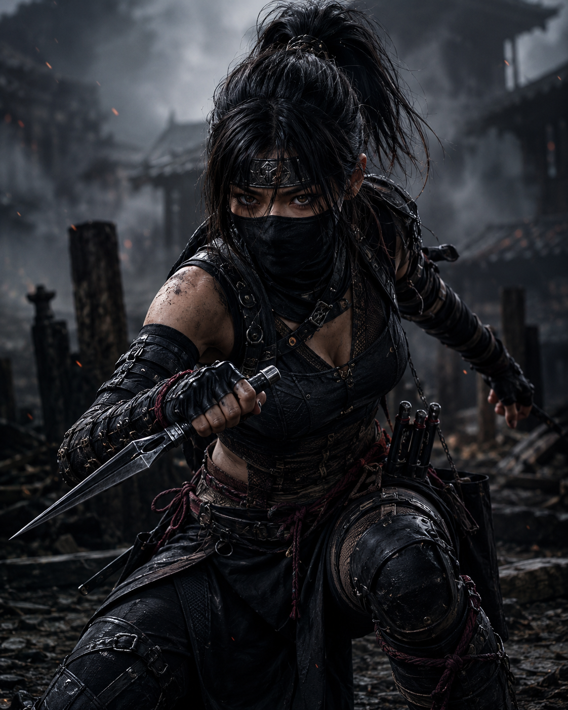 Female ninja warrior in black armor with mask, wielding a dagger in a smoky, war-torn setting.