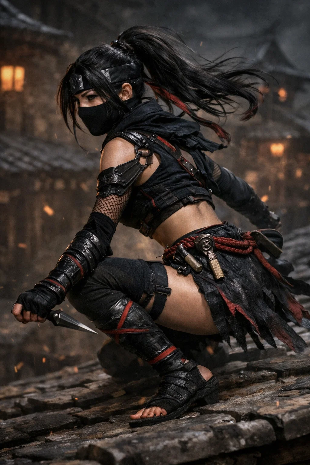 Female ninja in black armor crouches with a dagger on a rocky street at night.