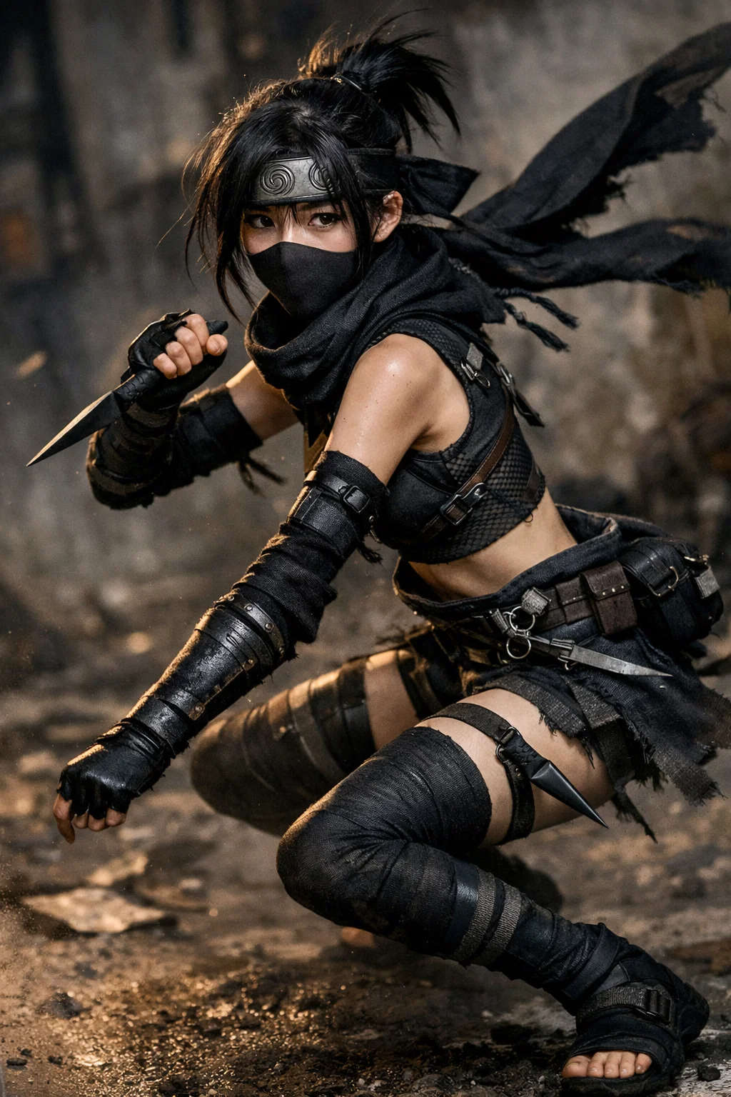 Female ninja in black armor crouches with a blade, mask, and headband in a dark battle scene.