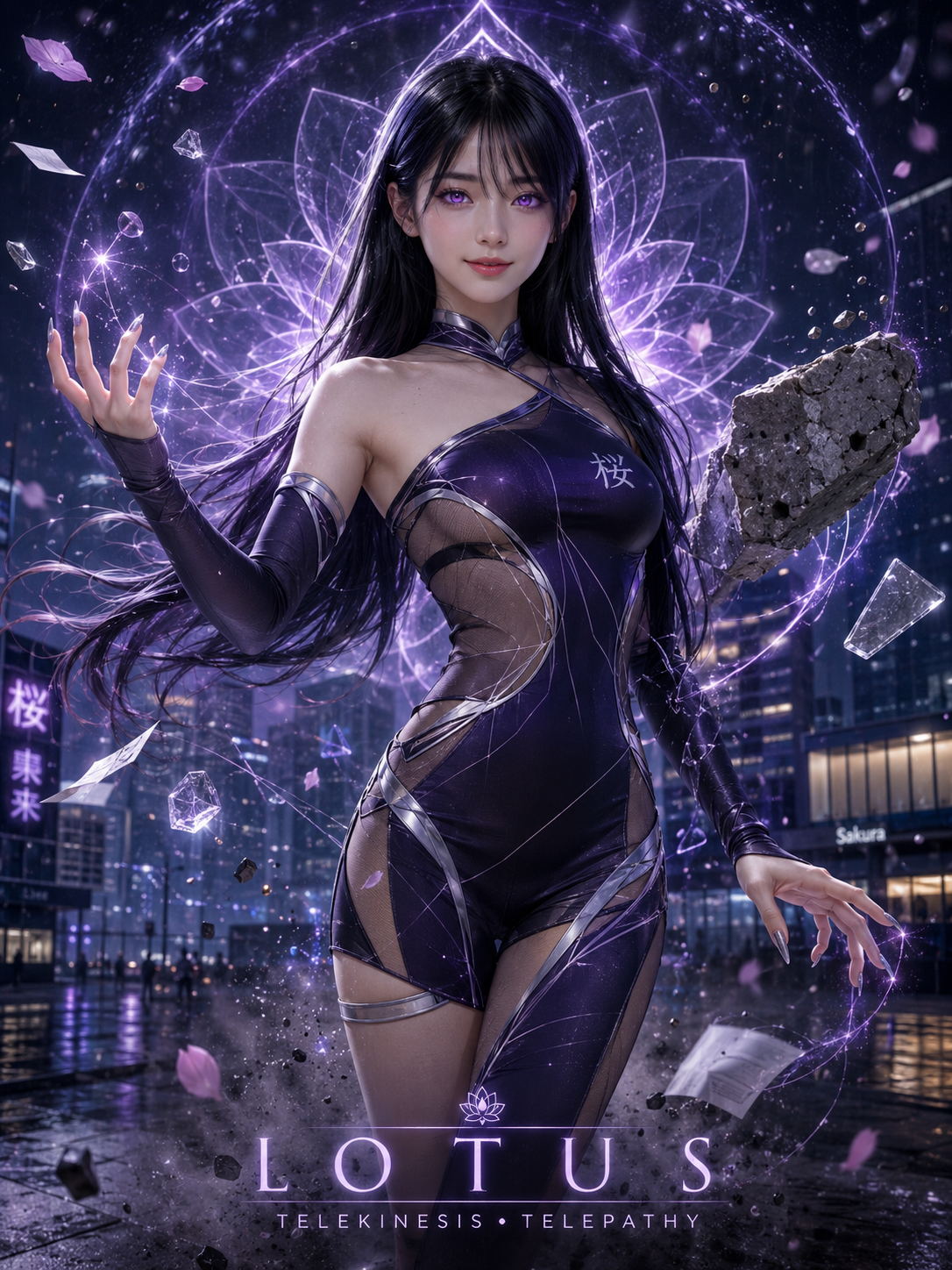 Anime-style female telekinetic sorceress channels a glowing purple lotus magic circle, levitating objects over a wet neon-...