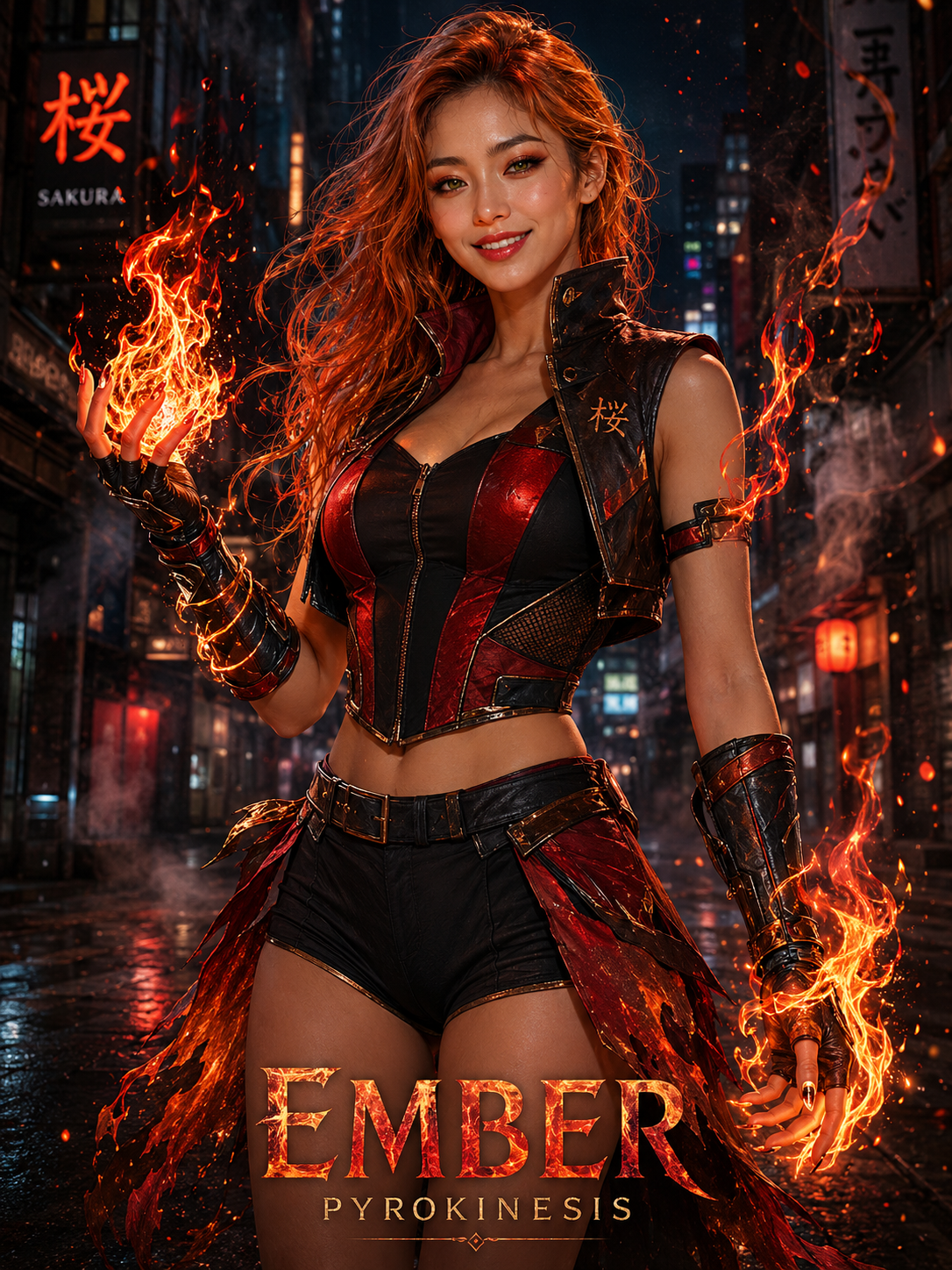 Fantasy pyrokinesis character Ember controls orange flames, standing in a rainy neon Japanese city alley in a red-black co...