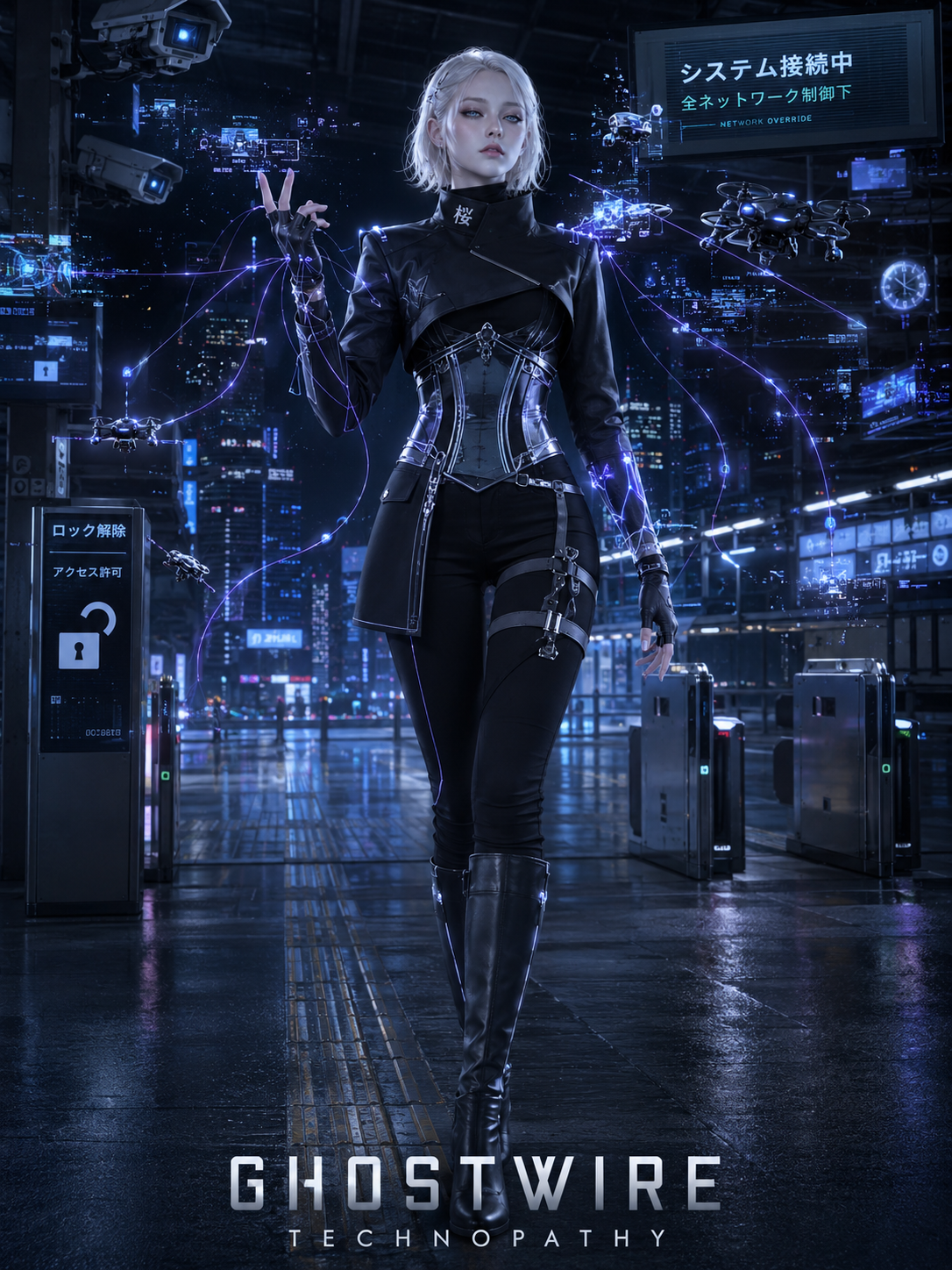 "Cyberpunk technopath woman manipulates glowing network wires in a rainy neon Tokyo station, from the sci-fi series Ghostw...