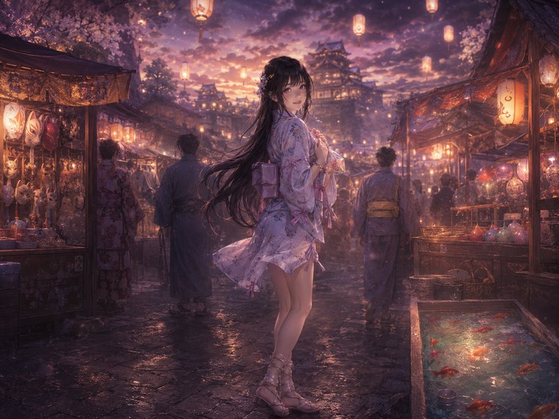 Young woman in a pastel kimono at a lantern-lit night market with warm glowing stalls.