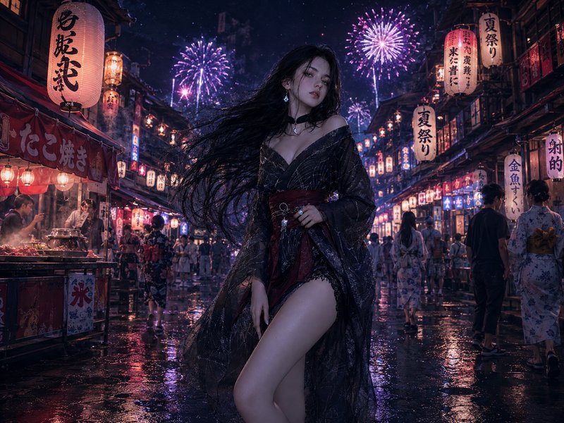 Stylish woman in a sheer black kimono-style outfit stands in a rain-slick festival street at night with fireworks.