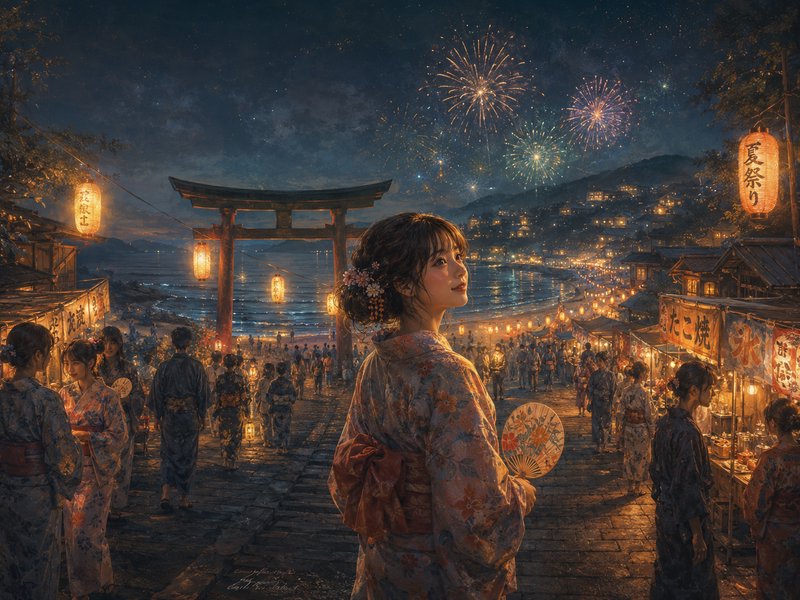 Young woman in a floral kimono at a lantern-lit Japanese festival with fireworks overhead