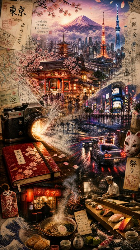 Vibrant Tokyo night collage featuring Mt. Fuji, Tokyo Tower, cherry blossoms, temple, ramen, sushi, and neon cityscape.