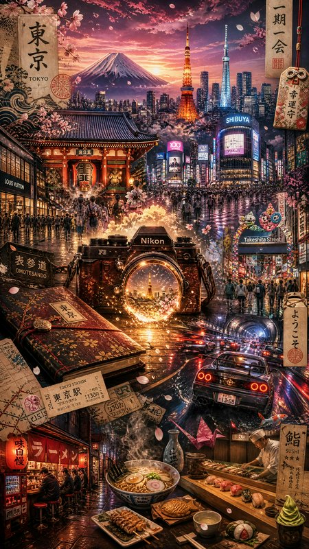 A vibrant Tokyo cityscape collage with neon streets, Mount Fuji, cherry blossoms, and a glowing Nikon camera centerpiece.