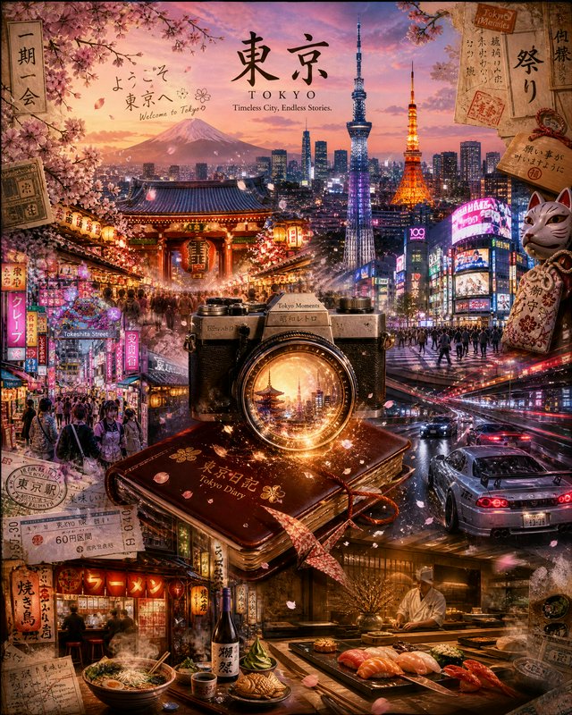 Vibrant Tokyo collage featuring a central camera, neon streets, cherry blossoms, and iconic landmarks.