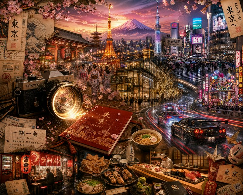 Vibrant Tokyo street scene collage with neon lights, Mount Fuji, cherry blossoms, ramen, and a sports car.