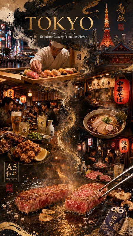 Tokyo street food collage with teppanyaki grilling, ramen, lanterns, and Tokyo Tower in the backdrop.