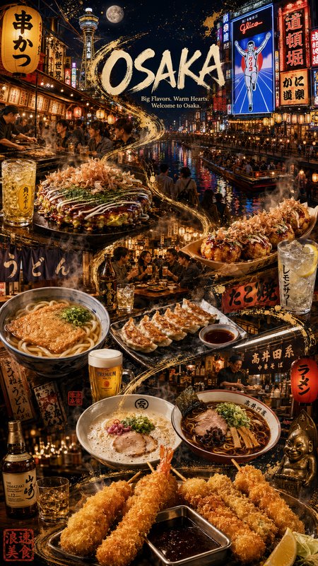 Vibrant Osaka night market with neon signs, riverside stalls, and plates of ramen, skewers, and fried seafood.