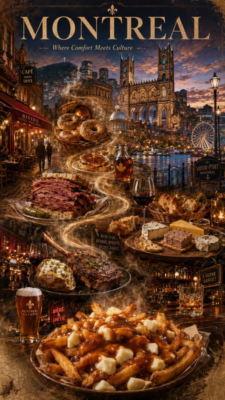 Montage of Montreal skyline with iconic landmarks and a lavish spread of classic Quebec foods like poutine and breaded