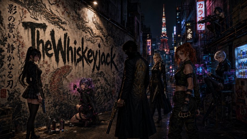 Dark neon-lit alley with a large mural saying "The Whiskeyjack" and futuristic characters armed with weapons.