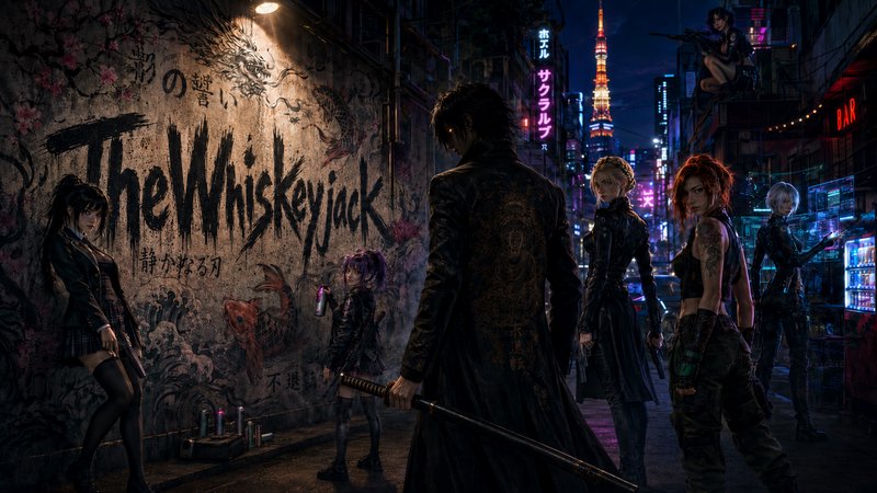 Neo-noir street scene with a group of cyberpunk rebels in a neon-lit alley beside a graffiti wall reading "The Whiskeyjack."