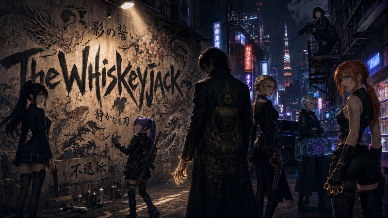 Group of dark-clothed characters in a neon-lit city alley with graffiti art "The Whiskeyjack" on a wall.