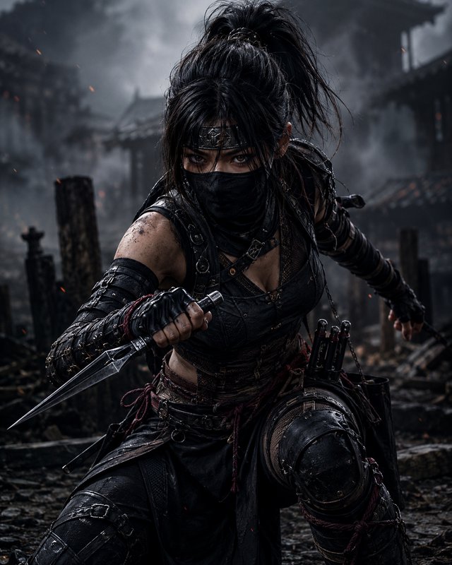 Female ninja warrior in black armor with mask, wielding a dagger in a smoky, war-torn setting.