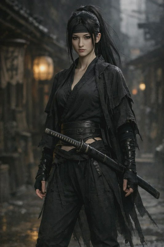 Dark-clad female warrior in a rain-soaked alley with a sheathed katana.