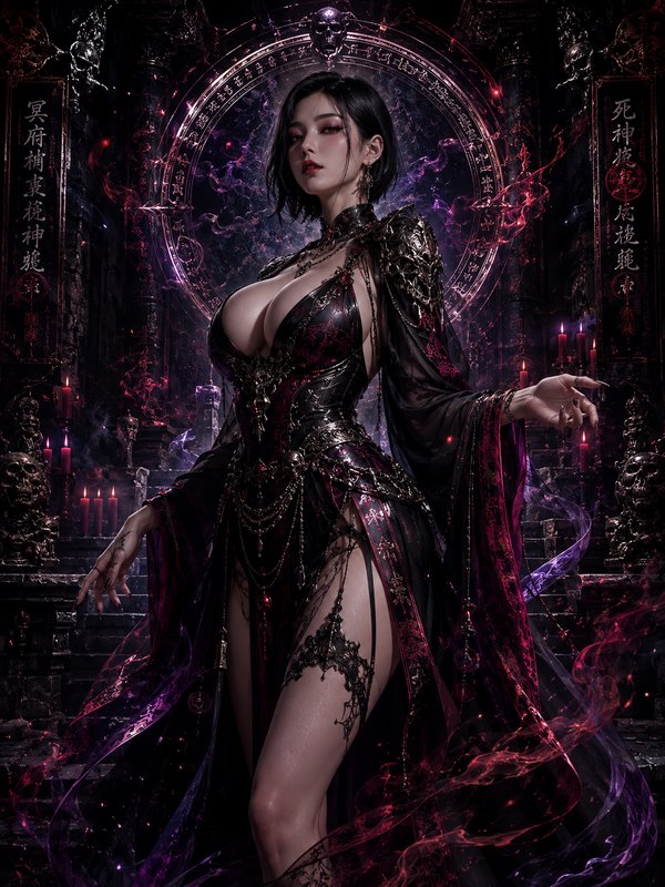 Gothic dark fantasy female necromancer in ornate black-red robes, standing before a glowing occul...