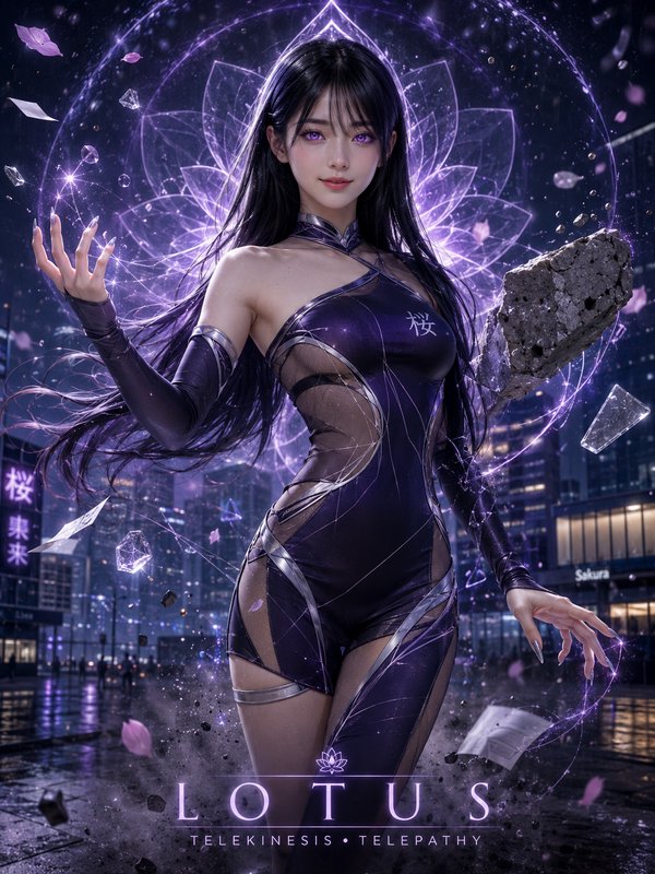 Anime-style female telekinetic sorceress channels a glowing purple lotus magic circle, levitating...