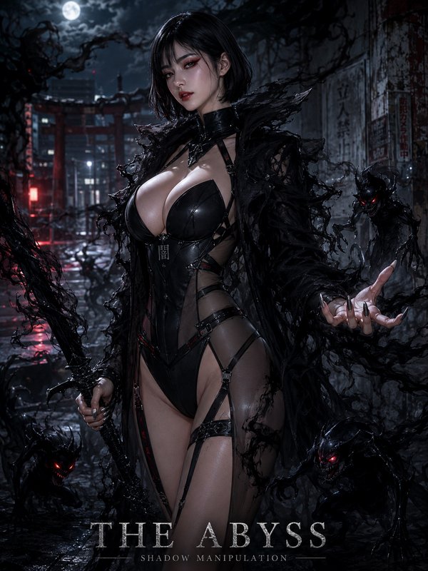 Dark fantasy shadow-wielding female warrior in black leather holds a shadow sword, surrounded by ...