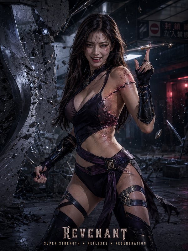 Fantasy female revenant warrior stops a bullet mid-flight in a ruined East Asian city, bearing gl...