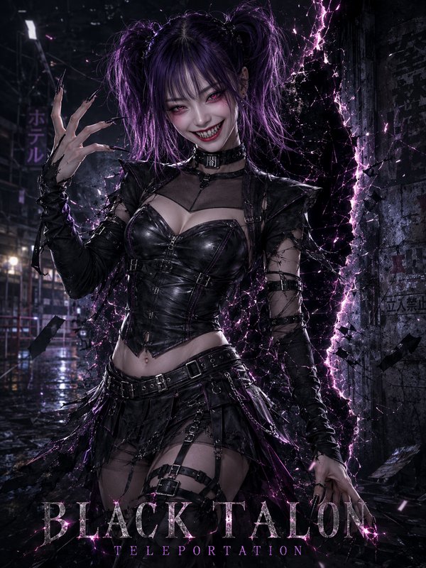 Gothic cyberpunk vampire villainess with purple pigtails and sharp talons emerges from a glowing ...