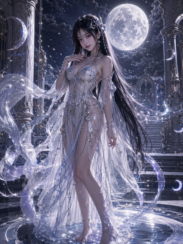 Ethereal moon goddess-inspired fantasy woman in a sheer bejeweled gown, standing under a giant fu...
