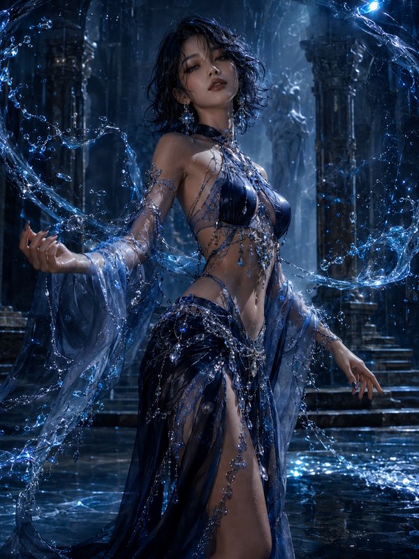 Fantasy water goddess character in a beaded dark blue gown, surrounded by swirling magical water ...