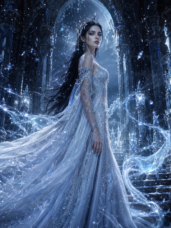Regal ice queen in a glowing icy gown and crystal crown stands in a frosted gothic crystal palace...