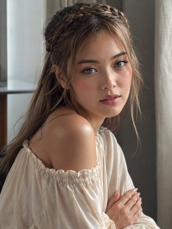 Close-up portrait of young woman with crown braid, cream off-shoulder top, lit by soft natural wi...