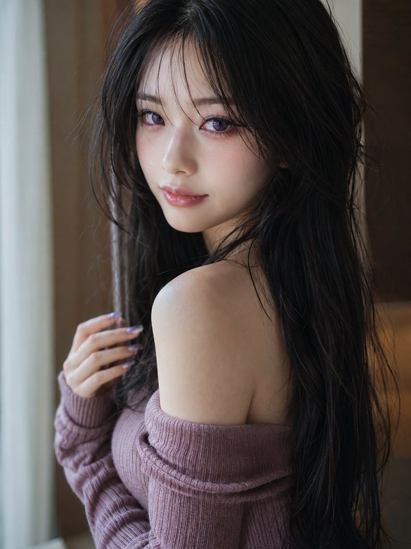 Close-up portrait of young woman with long dark hair, violet eyes, and mauve off-shoulder sweater...