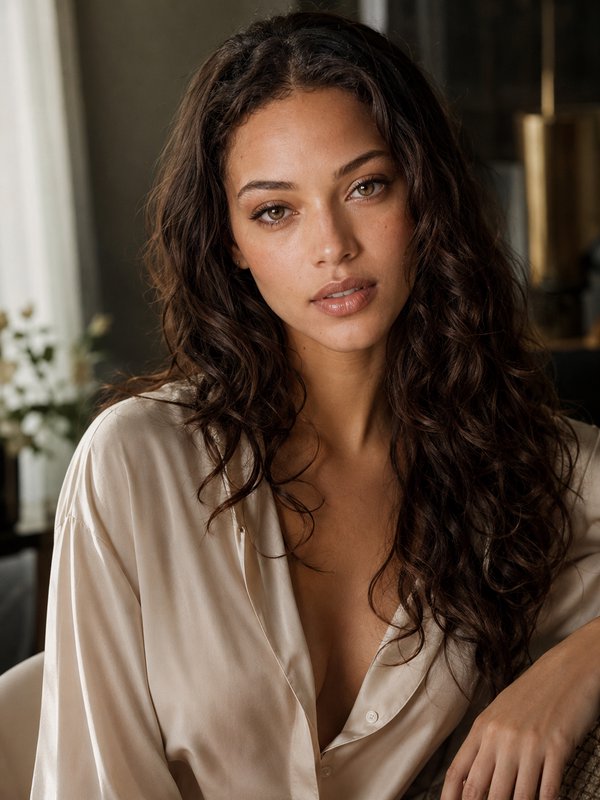 Close-up portrait of a woman with long curly dark brown hair wearing a cream silk blouse, soft wa...