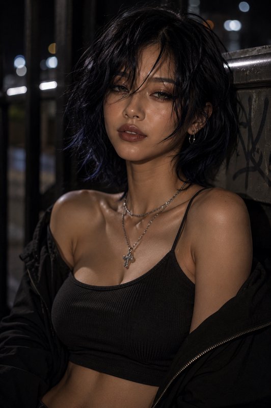 Low-light night portrait of a stylish young East Asian woman with short messy dark hair, edgy str...