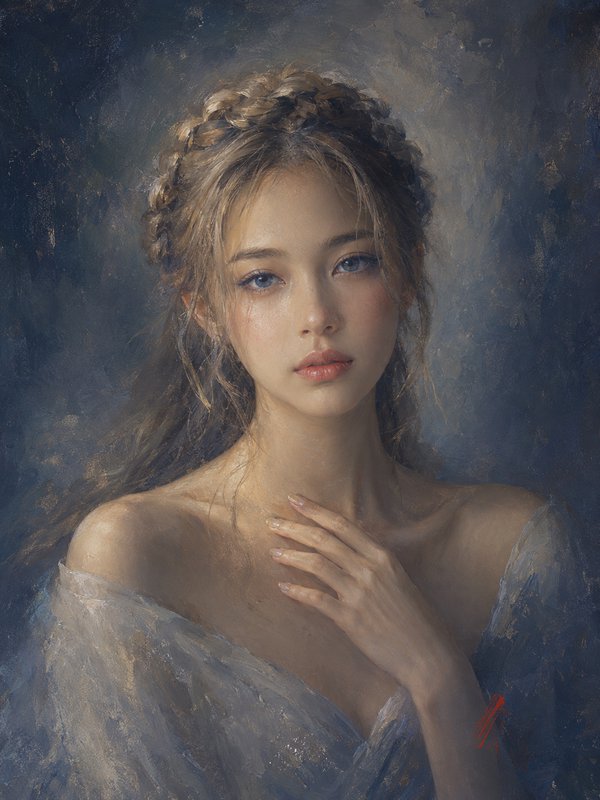 Ethereal oil portrait of a young woman with a braided blonde updo, hand resting on her chest, aga...