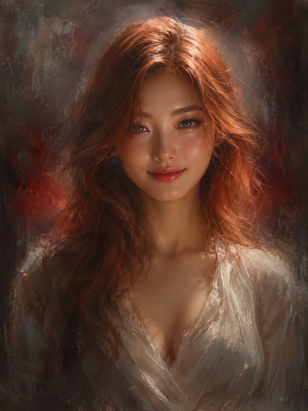 Impressionist oil portrait of a gentle smiling young East Asian woman with wavy auburn hair and w...