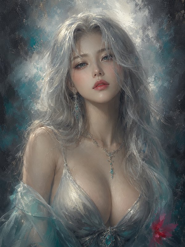 Painterly portrait of ethereal young woman with long silver hair, turquoise jewelry, and sheer go...