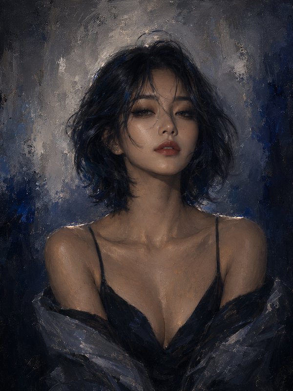 Moody painterly oil portrait of a young East Asian woman with tousled short dark hair, lit by sof...