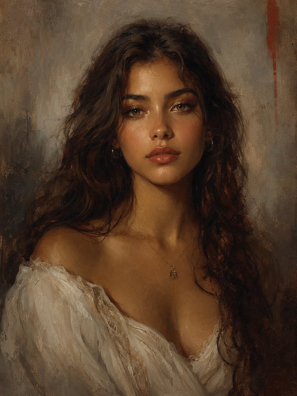 Classical oil portrait of a young woman with long wavy brown hair, soft warm lighting, wearing a ...
